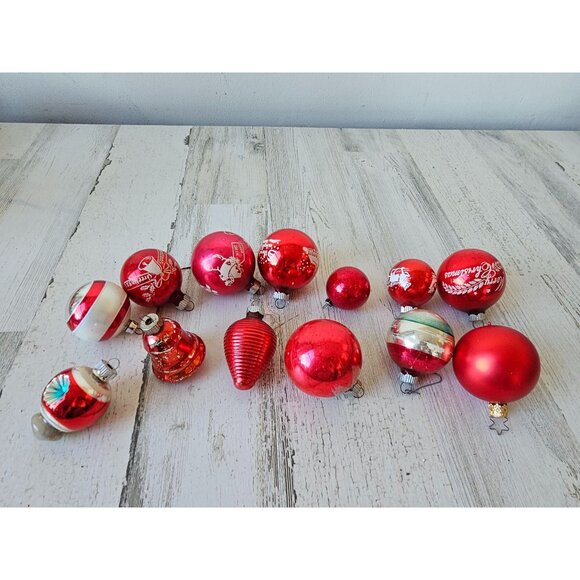 Vintage red ball Mercury shiny bright ornament set bell flocked indent striped X - Picture 1 of 16